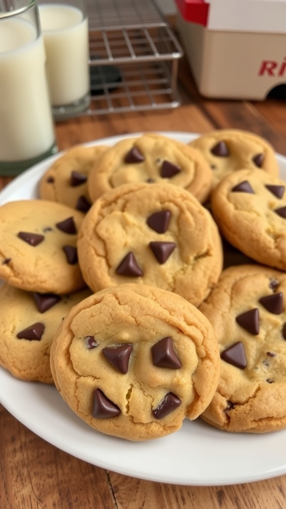 A plate of warm chocolate chip cookies on a wooden table with a glass of milk.